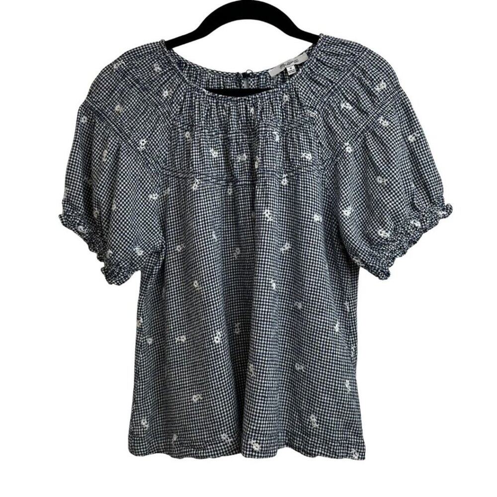 Madewell Embroidered Gingham Shirred Puff-Sleeve Top M - Picture 4 of 12